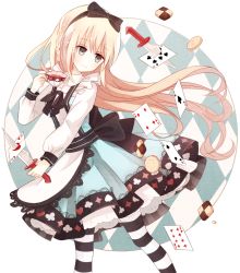 Rule 34 | 1girl, black eyes, blonde hair, boyano, card, checkerboard cookie, clubs, cookie, cup, diamond (shape), food, hairband, heart, holding, knife, long hair, original, pantyhose, playing card, smile, solo, spade, striped clothes, striped pantyhose, teacup, very long hair