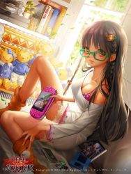 Rule 34 | 10s, 1girl, 2010, 2014, book, bra, braid, breasts, brown eyes, brown hair, cleavage, company name, controller, copyright name, dualshock, dutch angle, english text, furyou michi ~gang road~, game console, game controller, gamepad, glasses, green-framed eyewear, handheld game console, heart, heart print, holding, indoors, large breasts, long hair, long sleeves, nintendo ds, off-shoulder shirt, off shoulder, osuk2, pink bra, playstation 4, playstation controller, playstation portable, shirt, side braid, sitting, socks, solo, stuffed animal, stuffed toy, teddy bear, teddy bear hair ornament, twin braids, underwear, very long hair, watermark, white shirt, window