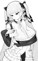 Rule 34 | 1girl, :o, absurdres, azur lane, between breasts, black nails, blunt bangs, blush, bow, breast hold, breasts, choker, cleavage, dress, formidable (azur lane), frilled dress, frills, greyscale, hair bow, handkerchief, highres, large breasts, long hair, monochrome, nail polish, solo, sweat, nervous sweating, tekitou nimo hodo ga aru, twintails, two-tone dress, upper body, very long hair, wiping sweat
