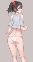 Rule 34 | 10s, 1girl, ass, bare shoulders, black hair, blouse, bow, clothing cutout, crop top, dimples of venus, free style (yohan1754), from behind, grey background, grey shirt, hair bow, highres, kneepits, looking back, love live!, love live! school idol project, no pants, panties, red eyes, shirt, shoulder cutout, simple background, solo, standing, trefoil, twintails, underwear, white panties, yazawa nico