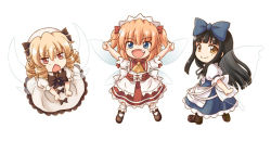 Rule 34 | 3girls, apron, arms up, ascot, black hair, blonde hair, blue eyes, chestnut mouth, dress, drill hair, fairy wings, fang, hirasaka makoto, long hair, luna child, maid headdress, multiple girls, obi, open mouth, puffy short sleeves, puffy sleeves, red dress, red eyes, sash, short sleeves, smile, star sapphire, sunny milk, touhou, twintails, waist apron, white dress, wings, yellow eyes