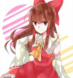 Rule 34 | 1girl, aridamikannn, ascot, bow, brown eyes, brown hair, closed mouth, collared shirt, cowboy shot, detached sleeves, dress, frilled dress, frilled shirt collar, frills, hair between eyes, hair bow, hair tubes, hakurei reimu, hand on own hip, light smile, long hair, looking at viewer, red dress, red shirt, ribbon-trimmed sleeves, ribbon trim, shirt, sleeveless, sleeveless shirt, solo, touhou, wide sleeves, yellow ascot