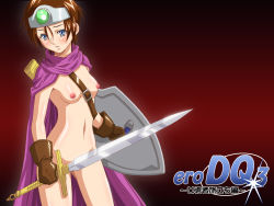 Rule 34 | 1girl, blue eyes, breasts, brown hair, cape, circlet, damedungeon, dragon quest, dragon quest iii, gloves, headband, highres, medium breasts, naked cape, nipples, nude, roto (dq3), shield, short hair, solo, square enix, sword, wallpaper, weapon