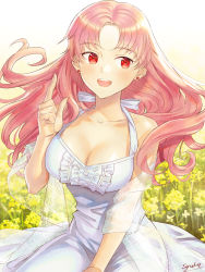 Rule 34 | 1girl, :d, bad id, bad pixiv id, blurry, blurry background, breasts, cleavage, collarbone, dress, earrings, floating hair, flower, halterneck, highres, index finger raised, jewelry, k harris, long hair, medium breasts, open mouth, outdoors, pink hair, pixiv fantasia, pixiv fantasia last saga, red eyes, sash, signature, sitting, sleeveless, sleeveless dress, smile, solo, sundress, very long hair, white background, white dress, yellow flower