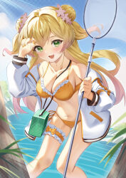 Rule 34 | 1girl, :d, absurdres, alternate costume, between breasts, bikini, blonde hair, blue sky, blush, breasts, bridal garter, cleavage, commentary request, day, double bun, flower, gradient hair, green eyes, hair bun, highres, holding, hololive, jacket, leaning forward, long sleeves, looking at viewer, medium breasts, momosuzu nene, multicolored hair, navel, ocean, off shoulder, open clothes, open jacket, open mouth, orange flower, outdoors, pink hair, puffy long sleeves, puffy sleeves, sky, smile, solo, strap between breasts, swimsuit, virtual youtuber, white jacket, yellow bikini, yoshidadon