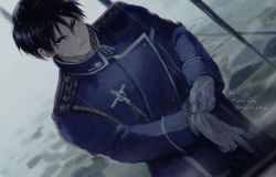 Rule 34 | 1boy, adjusting clothes, adjusting gloves, aiguillette, amestris military uniform, black eyes, black hair, blue jacket, blurry, blurry background, collared jacket, darkness, dutch angle, epaulettes, expressionless, floor, fog, from above, fullmetal alchemist, gloves, hands up, highres, jacket, looking at viewer, looking up, magic circle, male focus, military, military uniform, motion lines, muted color, outdoors, parted lips, rain, roy mustang, spiked hair, standing, stone floor, tsurime, twitter username, uniform, upper body, water drop, wet, wet hair, white gloves, yuu (kotobana 0418)