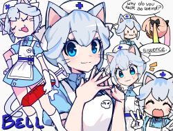Rule 34 | 2girls, :3, ^ ^, animal ears, apron, blue eyes, blush, cat ears, cat girl, cat tail, ciosuii, closed eyes, closed mouth, english text, gloves, grey hair, hat, holding, holding syringe, looking at viewer, multiple girls, nurse, nurse cap, open mouth, original, short hair, sketch, smile, speech bubble, syringe, tail, v, whiskers, white apron, white gloves