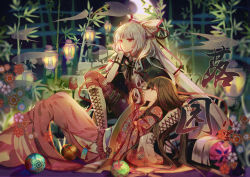 Rule 34 | 2girls, ball, bamboo, bamboo forest, between fingers, black cape, black eyes, black hair, blunt bangs, boots, bow, cape, cigarette, commentary request, crescent moon, cross-laced footwear, forest, from side, fujiwara no mokou, hair bow, hair ornament, hair ribbon, half-closed eyes, hand on own chin, hand up, head rest, high heel boots, high heels, hime cut, holding, houraisan kaguya, japanese clothes, kimono, lace-up boots, lantern, long hair, long sleeves, lying, moon, multiple girls, nature, night, obi, ofuda, on back, outdoors, pants, red bow, red eyes, red pants, red ribbon, ribbon, sash, shirt, sidelocks, sitting, sleeves past wrists, smoke, spread legs, talisman, thigh boots, thighhighs, touhou, very long hair, white hair, white shirt, wide sleeves, yasato