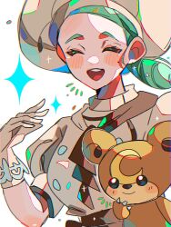 Rule 34 | 1girl, apron, ascot, bear, breasts, brown apron, brown ascot, brown skirt, buttons, chef hat, closed eyes, creatures (company), game freak, gen 2 pokemon, green hair, hami (3hm6gebdf619771), hat, katy (pokemon), low side ponytail, medium breasts, mole, mole on cheek, nintendo, pokemon, pokemon (creature), pokemon sv, puffy short sleeves, puffy sleeves, short sleeves, skirt, teddiursa, teeth, upper body, upper teeth only, waist apron