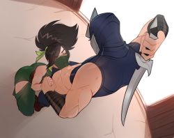 Rule 34 | 1boy, 1girl, abs, akali, bare arms, bare shoulders, black hair, black pants, closed eyes, door, facing up, fellatio, fellatio under mask, from above, green pants, green ribbon, hair ribbon, hetero, holding, holding hands, holding knife, holding weapon, ilwha, kneeling, knife, league of legends, mask, mouth mask, no tattoo, open door, open pants, oral, pants, ponytail, ribbon, shen (league of legends), shiny skin, shoes, weapon, weapon behind back