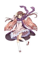 Rule 34 | 1girl, :d, brown eyes, brown hair, floral print, frilled skirt, frills, full body, hand up, highres, kisaragi (princess principal), kneehighs, long hair, looking at viewer, official art, open mouth, pink skirt, princess principal, princess principal game of mission, purple scarf, sandals, scarf, skirt, smile, socks, standing, standing on one leg, transparent background, white socks, wide sleeves