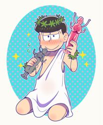 Rule 34 | 10s, 1boy, amatory12, ancient greek clothes, bad id, bad pixiv id, blue background, blush, chiton, greco-roman clothes, honest axe, kneeling, laurel crown, looking at viewer, male focus, matsuno choromatsu, osomatsu-kun, osomatsu-san, osomatsu (series), parody, polka dot, polka dot background, smile, solo, statue, sweatdrop, toga