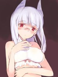 Rule 34 | 1girl, animal ears, blush, breasts, glasses, head wings, heidimarie w. schnaufer, large breasts, long hair, looking at viewer, red eyes, shimada fumikane, solo, strike witches, white hair, wings, world witches series