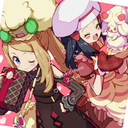 Rule 34 | 2girls, alcremie, alcremie (strawberry sweet), blush stickers, box, brown dress, chef hat, closed eyes, closed mouth, commentary request, copyright name, creatures (company), dawn (palentine&#039;s 2021) (pokemon), dawn (pokemon), dress, eyelashes, eyewear hang, game freak, gen 5 pokemon, gen 8 pokemon, gift, gift box, grey eyes, hand on own hip, hat, heart, holding, kingin, light brown hair, long sleeves, mittens, multiple girls, nintendo, official alternate costume, on head, one eye closed, open mouth, oven mitts, pokemon, pokemon (creature), pokemon masters ex, pokemon on head, red dress, red mittens, red ribbon, ribbon, serena (palentine&#039;s 2021) (pokemon), serena (pokemon), smile, sunglasses, tongue, unworn eyewear, whimsicott, white-framed eyewear
