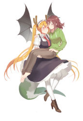 Rule 34 | 10s, 2girls, bahao diqiu, barefoot, blonde hair, blush, boots, brown eyes, brown hair, carrying, demon wings, dragon girl, dragon horns, dragon tail, glasses, high heel boots, high heels, highres, hood, hoodie, horns, kobayashi-san chi no maidragon, kobayashi (maidragon), large tail, long hair, looking at another, maid, multiple girls, necktie, pants, pantyhose, princess carry, red eyes, red necktie, shoes, short sleeves, smile, standing, tail, tohru (maidragon), twintails, very long hair, white background, wings, yuri