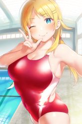 Rule 34 | 1girl, ;), arm up, ass, blonde hair, blue eyes, blush, breasts, cleavage, commentary request, competition swimsuit, covered navel, cowboy shot, fingernails, hachimiya meguru, hair ornament, hairclip, hand up, highres, idolmaster, idolmaster shiny colors, indoors, large breasts, long hair, looking at viewer, low twintails, nekoshoko, one-piece swimsuit, one eye closed, pool, poolside, reaching, reaching towards viewer, red one-piece swimsuit, selfie, skindentation, smile, solo, swimsuit, twintails, w