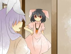 Rule 34 | 2girls, animal ears, bad id, bad pixiv id, black hair, rabbit ears, carrot, carrot necklace, comic, female focus, from behind, hammer (sunset beach), inaba tewi, jewelry, long hair, multiple girls, necklace, open mouth, pendant, purple hair, red eyes, reisen udongein inaba, short hair, silent comic, touhou