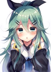 Rule 34 | 10s, 1girl, :o, bare shoulders, black ribbon, blue eyes, blush, chestnut mouth, green hair, hair between eyes, hair ornament, hair ribbon, hairclip, kantai collection, long hair, looking at viewer, ntk (7t5), ribbon, simple background, solo, upper body, white background, wide sleeves, yamakaze (kancolle)