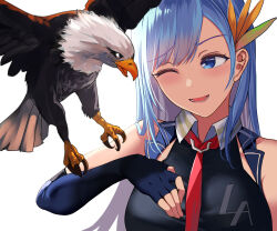 Rule 34 | 1girl, azur lane, bald eagle, bird, black gloves, black shirt, blue hair, blush, breasts, commentary request, eagle, elbow gloves, fingerless gloves, gloves, highres, large breasts, long hair, looking at animal, looking to the side, lower teeth only, necktie, one eye closed, open mouth, red necktie, sail (sail-away), shirt, sidelocks, simple background, sleeveless, sleeveless shirt, smile, solo, swept bangs, teeth, ticonderoga (azur lane), upper body, white background