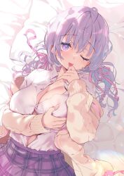 Rule 34 | 1girl, ahoge, bed, blush, breasts, button gap, cardigan, cleavage, collared shirt, commission, dot nose, dress shirt, grabbing own breast, hair between eyes, hair ribbon, hand up, head on pillow, highres, indie virtual youtuber, indoors, kibii mocha, large breasts, long hair, long sleeves, looking at viewer, lying, naito mare (vtuber), on back, on bed, one eye closed, open cardigan, open clothes, pink ribbon, plaid clothes, plaid skirt, purple eyes, purple hair, purple skirt, ribbon, shirt, skeb commission, skirt, solo, tongue, tongue out, unbuttoned, virtual youtuber, white shirt, yellow cardigan