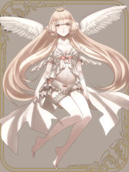 Rule 34 | 00s, 1girl, angel wings, babydoll, barefoot, blonde hair, bridal garter, chii, chobits, feathered wings, frills, full body, grey background, grey theme, hair tubes, highres, long hair, ono tako, robot ears, solo, thigh strap, tiara, underwear, wings