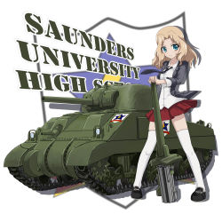 Rule 34 | 10s, 1girl, black footwear, blazer, blonde hair, blouse, blue eyes, blush, breasts, cannon, caterpillar tracks, cyber (cyber knight), dress shirt, emblem, girls und panzer, grey jacket, jacket, kay (girls und panzer), long hair, long sleeves, m4 sherman, medium breasts, medium tank, military, military vehicle, miniskirt, motor vehicle, necktie, open clothes, open jacket, parted bangs, pleated skirt, red skirt, school uniform, shirt, shoes, signature, skirt, sleeves rolled up, smile, sneakers, tank, thighhighs, vehicle, white shirt, white thighhighs