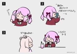 Rule 34 | &gt; o, 2girls, ^ ^, assault lily, blue jacket, blunt bangs, bow, bowtie, brown sailor collar, cellphone, chibi, closed eyes, comic, cup, cup to cheek, disposable cup, double bun, drinking straw, eighth note, food, grey background, hair bow, hair bun, hands up, highres, holding, holding cup, holding food, holding phone, jacket, kabayaki (kabayaki eel), kanba girls high school uniform, long hair, long sleeves, looking at another, looking at phone, medium hair, multicolored clothes, multicolored jacket, multiple girls, musical note, no mouth, one eye closed, onigiri, parted lips, phone, pink bow, pink hair, pink jacket, profile, red bow, sadamori himeka, sailor collar, school uniform, selfie, serafuku, simple background, smartphone, smile, solid oval eyes, spoken musical note, sweatdrop, taking picture, tanba akari, translated, twintails, twitter username, white bow, white bowtie