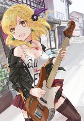 Rule 34 | 1girl, bass guitar, black jacket, black thighhighs, blonde hair, braid, breasts, brown eyes, building, camisole, cleavage, clothes writing, earrings, feather hair ornament, feathers, garter straps, gem, guitar, hair ornament, heart, heart necklace, highres, hinabita, holding, holding guitar, holding instrument, house, instrument, izumi ibuki, jacket, jewelry, jun (rellik &amp; redrum), long sleeves, medium breasts, medium hair, music, necklace, open mouth, outdoors, plant, playing instrument, pleated skirt, potted plant, purple feathers, purple gemstone, red skirt, road, road sign, sign, single braid, skirt, sky, solo, spaghetti strap, sphere earrings, standing, street, studded jacket, thighhighs, white camisole, white sky, zettai ryouiki