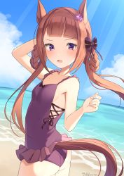 Rule 34 | 1girl, absurdres, animal ears, arm behind head, arm up, ass, bare arms, bare shoulders, blue sky, blush, bow, braid, braided hair rings, brown hair, casual one-piece swimsuit, cloud, commentary request, cowboy shot, dated, day, flower, frilled swimsuit, frills, hair flower, hair ornament, hair rings, highres, hirota fruit, horizon, horse ears, horse girl, horse tail, long hair, ocean, official alternate costume, one-piece swimsuit, outdoors, purple bow, purple flower, purple one-piece swimsuit, sky, solo, sweep tosho (monopolizing the chill?) (umamusume), sweep tosho (umamusume), swimsuit, tail, twin braids, twintails, twitter username, umamusume, very long hair, water