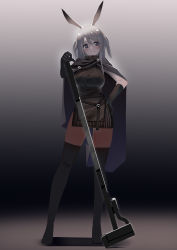 Rule 34 | 1girl, animal ears, arknights, black cloak, black dress, black gloves, black thighhighs, cloak, closed mouth, commentary, commentary request, dress, english commentary, full body, gloves, grey eyes, hammer, hand on own hip, highres, holding, holding hammer, long hair, looking at viewer, rabbit ears, rabbit girl, savage (arknights), short dress, silver hair, sledgehammer, smile, solo, standing, swept bangs, thighhighs, two side up, warashi