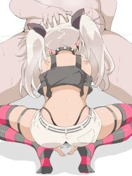 Rule 34 | 1boy, 1girl,  male, black collar, black thighhighs, collar, commentary request, commission, crop top, fellatio, from behind, grey hair, hand on another&#039;s head, hetero, highres, implied fellatio, long hair, matsukai mao, matsukai mao (1st costume), nijisanji, nude, ohako, oral, pixiv commission, red thighhighs, shorts, spiked collar, spikes, squatting, striped clothes, striped hair, striped thighhighs, thighhighs, twintails, two-tone thighhighs, virtual youtuber, white shorts