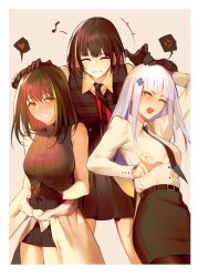 Rule 34 | 3girls, ^ ^, anger vein, annoyed, bad id, bad pixiv id, bare shoulders, black gloves, black hair, blunt bangs, blush, breasts, closed eyes, clothes around waist, commentary, girls&#039; frontline, gloves, green hair, hair ornament, hand on another&#039;s head, headpat, heart, highres, hk416 (girls&#039; frontline), long hair, long sleeves, m16a1 (girls&#039; frontline), m4a1 (girls&#039; frontline), medium breasts, multicolored hair, multiple girls, musical note, open mouth, reroi, smile, spoken anger vein, spoken heart, streaked hair