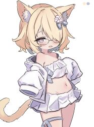 Rule 34 | 1girl, animal ear fluff, animal ears, bare shoulders, bikini, blonde hair, blush, borrowed character, cat ears, cat girl, cat tail, collarbone, color guide, commentary request, cross-shaped pupils, flower, frilled bikini, frills, glasses, grey eyes, groin, hair flower, hair ornament, hair over one eye, hands up, highres, jacket, long sleeves, looking at viewer, navel, off shoulder, open clothes, open jacket, open mouth, original, pink flower, puffy long sleeves, puffy sleeves, sa ka (sakanoya), simple background, sleeves past fingers, sleeves past wrists, solo, swimsuit, symbol-shaped pupils, tail, white background, white bikini, white jacket