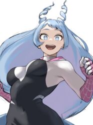 Rule 34 | 1girl, :d, alternate costume, black bodysuit, blue eyes, blue hair, bodysuit, boku no hero academia, cosplay, drill hair, fengling (furin-jp), hadou nejire, highres, light blue hair, long hair, looking at viewer, open mouth, pink bodysuit, sidelocks, simple background, smile, solo, spider-gwen, spider-gwen (cosplay), spider web print, twin drills, unfinished, white background, white bodysuit