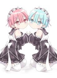 Rule 34 | 10s, 2girls, adapted costume, black bow, black dress, black sailor collar, blue eyes, blue hair, blush, bow, closed mouth, commentary request, detached sleeves, dress, hair between eyes, hair ornament, hair ribbon, hamada pengin, hand up, head tilt, highres, long hair, long sleeves, looking to the side, multiple girls, pink hair, pink ribbon, pleated dress, ram (re:zero), re:zero kara hajimeru isekai seikatsu, red eyes, rem (re:zero), ribbon, sailor collar, seiza, short hair, siblings, simple background, sisters, sitting, sleeves past wrists, thighhighs, twins, white background, white bow, white legwear, wide sleeves, x hair ornament