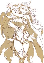 Rule 34 | 1girl, aduti momoyama, ahoge, breasts, cape, circlet, cleavage, closed mouth, eyelashes, fingernails, fire emblem, fire emblem fates, fire emblem heroes, flower, highres, leg up, long hair, medium breasts, monochrome, navel, nintendo, official alternate costume, ophelia (fire emblem), plant, rose, simple background, smile, solo, thorns, vines, white background