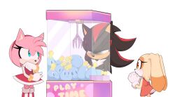 Rule 34 | 1boy, 2girls, amy rose, aqua eyes, blank eyes, bracelet, chao (sonic), child, closed mouth, crane game, cream the rabbit, dress, furry, furry female, furry male, gloves, hairband, highres, jewelry, looking at another, multiple girls, open mouth, orange dress, orange eyes, red dress, red hairband, shadow the hedgehog, sonic (series), standing, tail, toonsite, white gloves
