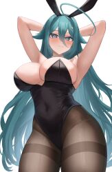 Rule 34 | 1girl, absurdres, ahoge, animal ears, aqua hair, armpits, arms behind head, arms up, bare arms, bare shoulders, black leotard, blush, breasts, brown pantyhose, cleavage, closed mouth, collar, contrapposto, covered navel, cowboy shot, detached collar, eyelashes, fake animal ears, from below, grey eyes, hair between eyes, hair flaps, hair ornament, highleg, highleg leotard, highres, huge ahoge, jersum, large breasts, leotard, long hair, looking at viewer, original, pantyhose, playboy bunny, rabbit ears, simple background, smile, solo, standing, thighs, very long hair, white background, white collar