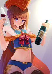 Rule 34 | 1girl, alcohol, black thighhighs, blue eyes, bottle, bow, brooch, brown hair, cape, champagne flute, commentary request, crop top, cup, drinking glass, earrings, fur trim, hat, holding, holding bottle, holding cup, jewelry, midriff, navel, necklace, original, red bow, red hat, short hair, simple background, solo, thighhighs, tomamatto, wine