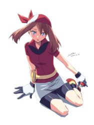 1girl bandana bike_shorts black_gloves black_shorts blue_eyes blush brown_hair creatures_(company) dated fanny_pack game_freak gloves hair_between_eyes highres holding holding_poke_ball looking_at_viewer may_(pokemon) nintendo parted_lips poke_ball poke_ball_(basic) pokemon pokemon_rse red_bandana red_shirt shirt short_hair short_sleeves shorts signature solo two-tone_gloves wakou_(zassou_tamashi) white_background white_gloves