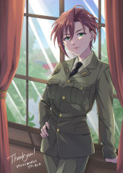 Rule 34 | 1girl, arm support, brown hair, buttons, circuit58, clear sky, collared jacket, collared shirt, commission, curtains, earrings, eyebrows, eyelashes, female admiral (kancolle), green eyes, green jacket, green pants, hand on own hip, highres, house, idolmaster, idolmaster cinderella girls, indoors, jacket, jewelry, kantai collection, kiba manami, leaf, leaning on object, lips, long sleeves, looking at viewer, medal, military, military jacket, military uniform, necktie, nose, pants, pixiv commission, pocket, reverse trap, shirt, short hair, sky, smile, solo, star (symbol), suit jacket, tree, uniform, window, windowsill, wrinkled fabric
