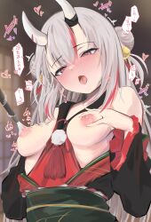 Rule 34 | 1girl, absurdres, black kimono, blush, breasts, breasts out, double bun, grabbing own breast, grey hair, hair bun, highres, hololive, horns, japanese clothes, kimono, long hair, moaning, multicolored hair, nakiri ayame, nakiri ayame (1st costume), nipple stimulation, nipple tweak, nipples, oni, open clothes, open kimono, open mouth, paintbrush, red eyes, red hair, rururaroru, skin-covered horns, small breasts, solo, streaked hair, tongue, tongue out, virtual youtuber