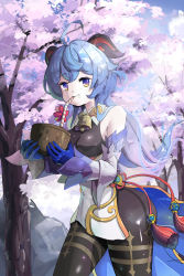 Rule 34 | 1girl, absurdres, ahoge, artist request, ass, bare shoulders, blue hair, blush, bodysuit, breasts, coconut, detached sleeves, drinking straw, ganyu (genshin impact), genshin impact, gloves, goat horns, highres, horns, leotard, long hair, looking at viewer, medium breasts, pantyhose, pelvic curtain, red eyes, shiny clothes, shiny skin, smile, solo, very long hair, waist cape