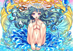Rule 34 | 10s, 1girl, anus, barefoot, blue hair, blush, breasts, cleft of venus, eyelashes, feet, long hair, looking at viewer, monster strike, nipples, nude, open mouth, own hands together, purple eyes, pussy, raphael (monster strike), sitting, solo, toes, uncensored, v-mag, water, wings