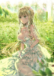 Rule 34 | 1girl, ahoge, bare shoulders, blonde hair, blurry, blush, braid, breasts, chest jewel, cleavage, closed mouth, commentary request, day, depth of field, detached collar, dress, dsmile, grass, green eyes, green theme, hair ornament, half updo, large breasts, lens flare, long hair, on ground, original, outdoors, revision, see-through, sitting, solo, sunlight, very long hair, wedding dress, white dress