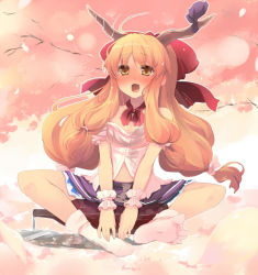 Rule 34 | 1girl, :d, alcohol, blonde hair, blush, bottle, bow, breasts, butterfly sitting, cherry blossoms, cleavage, drooling, drunk, feet, female focus, hair bow, horns, ibuki suika, indian style, long hair, navel, no shoes, open mouth, petals, sake, saliva, shin (new), sitting, skirt, small breasts, smile, socks, soles, solo, spread toes, toes, touhou, v arms, very long hair, wrist cuffs, yellow eyes