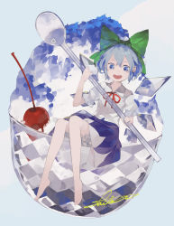 Rule 34 | 1girl, :d, barefoot, bloomers, blue eyes, blue hair, blue sky, bow, cherry, cirno, cloud, collared shirt, dot nose, food, frills, fruit, green bow, hair bow, hair ornament, hands up, highres, holding, holding spoon, ice, ice wings, looking at viewer, mini person, minigirl, open mouth, puffy short sleeves, puffy sleeves, round teeth, shaved ice, shihou (g-o-s), shirt, short hair, short sleeves, signature, sitting, sky, smile, solo, spoon, teeth, touhou, underwear, white shirt, wing collar, wings