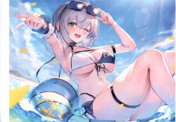 Rule 34 | 1girl, absurdres, bikini, blue sky, blush, breasts, cloud, cloudy sky, day, eyewear on head, green eyes, grey hair, highres, hololive, innertube, large breasts, looking at viewer, mole, mole on breast, navel, ocean, one eye closed, open mouth, outdoors, petals, scan, shirogane noel, shirogane noel (summer 2020), short hair, simple background, sky, smile, stomach, sunglasses, sunlight, swim ring, swimsuit, teeth, thigh strap, thighs, upper teeth only, virtual youtuber, watao, water, wrist cuffs