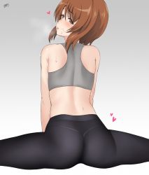 Rule 34 | 1girl, ass, bare shoulders, black leggings, black pants, blush, brown eyes, brown hair, daroon5, from behind, girls und panzer, gradient background, grey background, gym pants, half-closed eyes, highres, leggings, looking at viewer, looking back, nishizumi miho, open mouth, pants, see-through, short hair, simple background, solo, split, sports bra