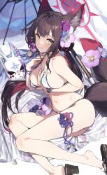 Rule 34 | 1girl, 92m, animal ear fluff, animal ears, beach umbrella, bikini, black hair, blue archive, breasts, cleavage, colored inner hair, commentary, flower, fox ears, fox girl, fox mask, fox tail, hair flower, hair ornament, halo, highres, large breasts, long hair, looking at viewer, mask, multicolored hair, navel, official alternate costume, oil-paper umbrella, parasol, red hair, sideboob, smile, solo, stomach, swimsuit, tail, thigh strap, two-tone hair, umbrella, wakamo (blue archive), wakamo (swimsuit) (blue archive), white bikini, yellow eyes